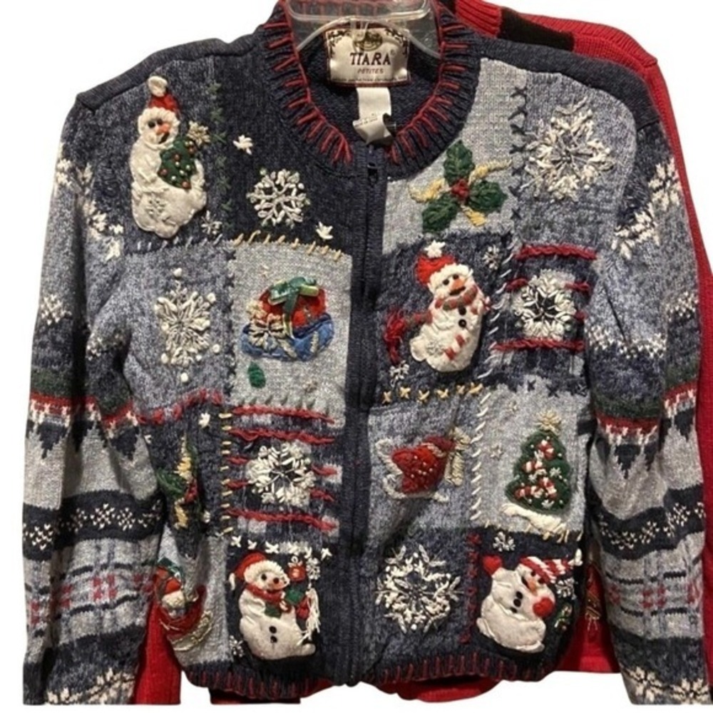 Vintage Tiara Sweater Womens Petite Medium Christmas Snowman Cardigan 2000s